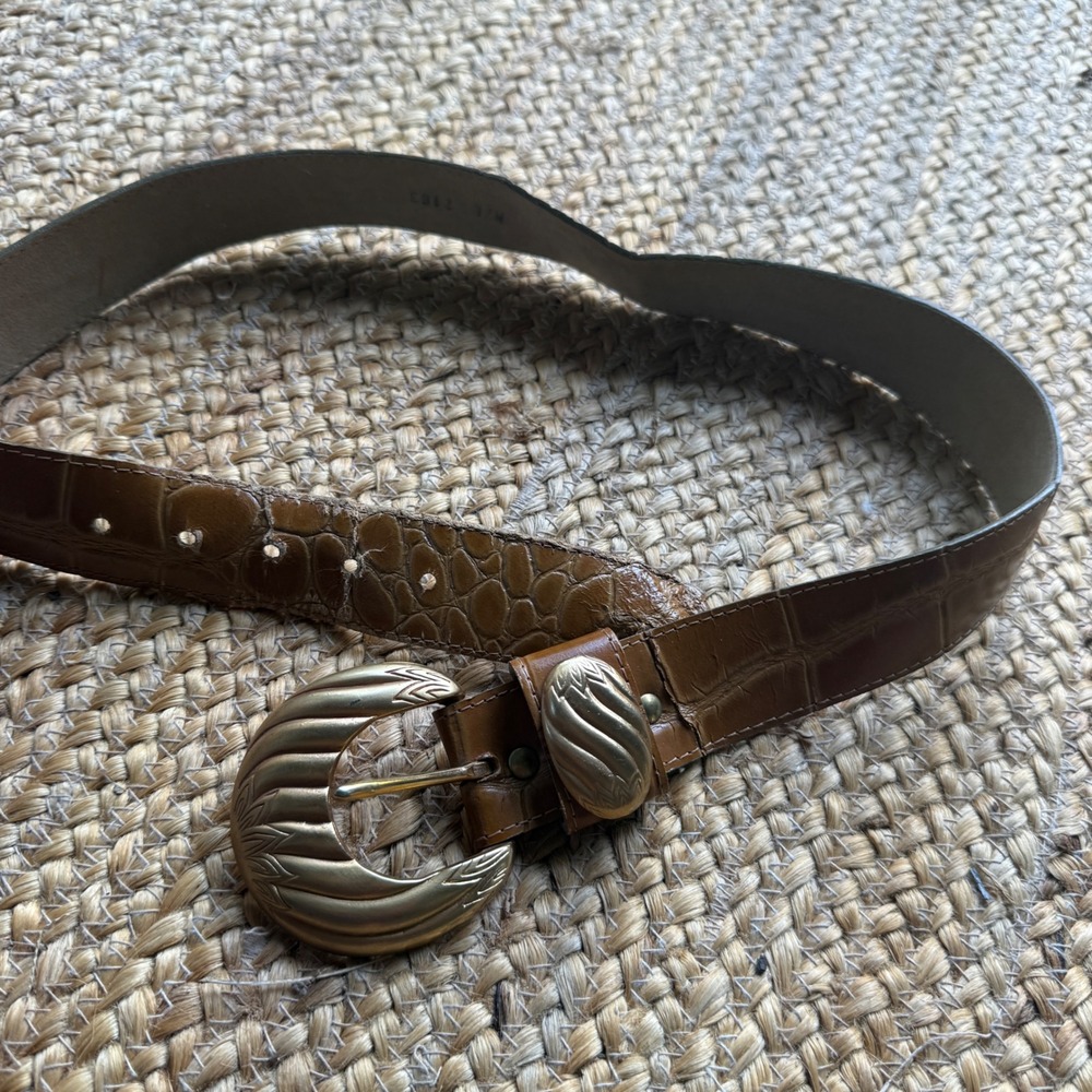Vintage Western Faux Croc Leather Belt Brown Gold Ornate Buckle M/L 80s Retro